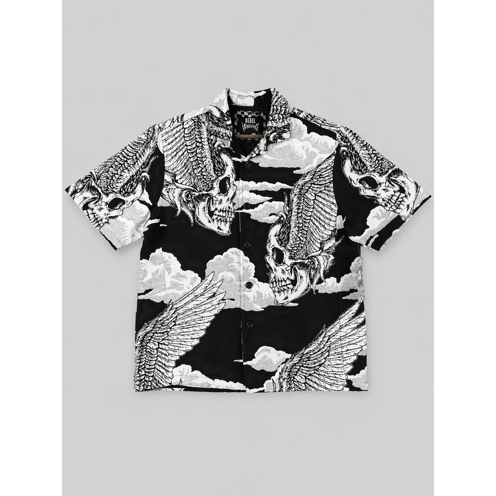 Rebel Vengeance Skull Wing Button Up Shirt Black White Graphic Goth Punk Men’s L